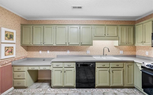 kitchen with sink, green cabinets, crown molding, a textured ceiling, and black appliances