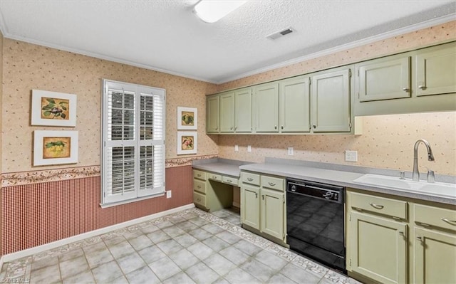 kitchen featuring a textured ceiling, green cabinets, sink, and black dishwasher