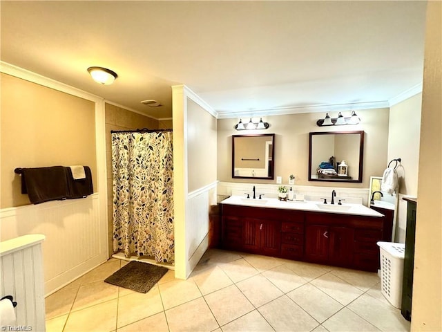 327 S Carolina Ave, Boonville, NC 27011 - bathroom featuring crown molding, tile patterned floors, wainscoting, double vanity, and a shower with curtain