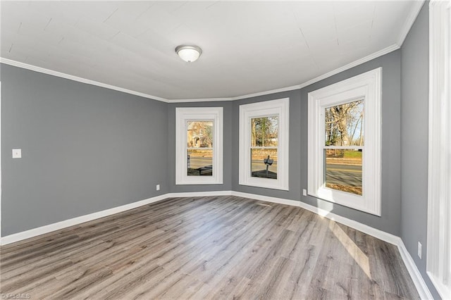 spare room featuring crown molding and light hardwood / wood-style floors