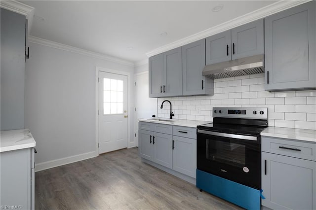 kitchen with gray cabinetry, sink, and electric range