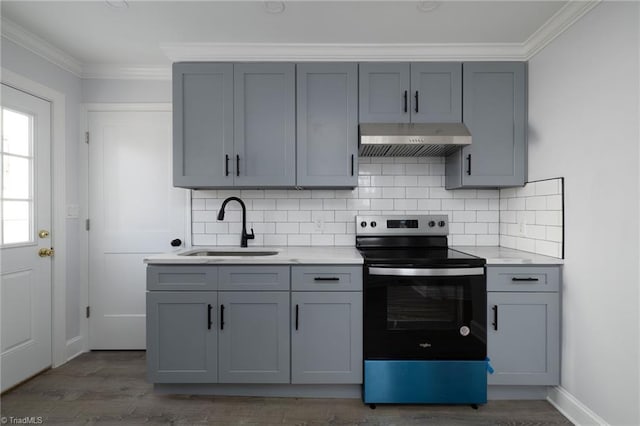 kitchen with gray cabinets, sink, crown molding, wall chimney range hood, and electric stove