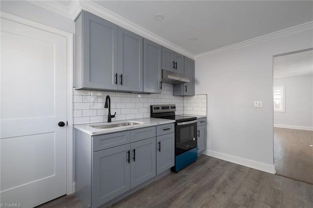 kitchen featuring dark wood-type flooring, gray cabinets, sink, and stainless steel electric range