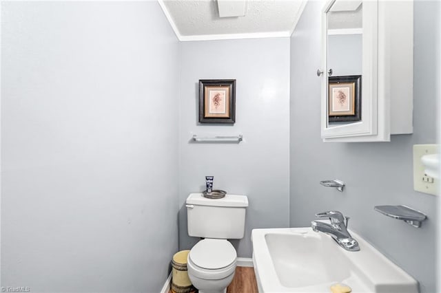 1765 K Fork Rd, Madison, NC 27025 - half bath featuring a sink, a textured ceiling, wood finished floors, toilet, and crown molding