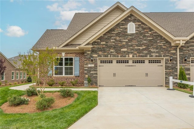 1046 Beechcraft Dr Unit 80, Mebane, NC 27302 - craftsman house featuring driveway, stone siding, a garage, and a shingled roof