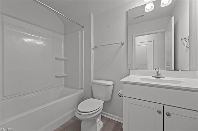 full bath with shower / washtub combination, visible vents, toilet, vanity, and baseboards
