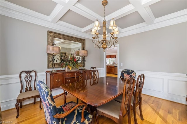 dining area featuring light wood-style floors, coffered ceiling, a notable chandelier, and beamed ceiling