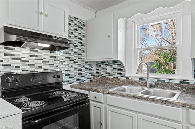 kitchen featuring white cabinets, decorative backsplash, ornamental molding, sink, and black electric range