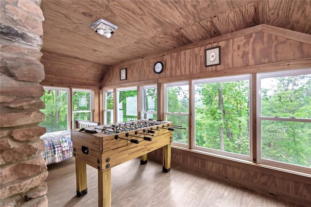 140 Blue Heron Ln, Wilkesboro, NC 28697 - rec room featuring lofted ceiling, wood finished floors, wooden ceiling, and wood walls