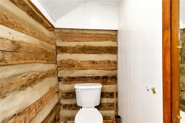 140 Blue Heron Ln, Wilkesboro, NC 28697 - half bathroom with toilet, vaulted ceiling, and wooden walls