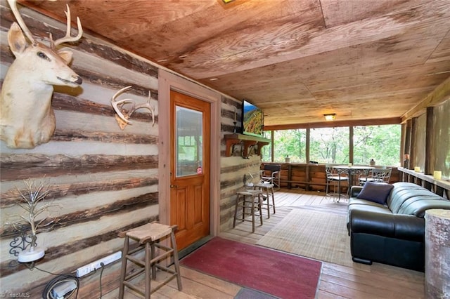 140 Blue Heron Ln, Wilkesboro, NC 28697 - sunroom featuring hardwood / wood-style floors, wooden ceiling, and a deck