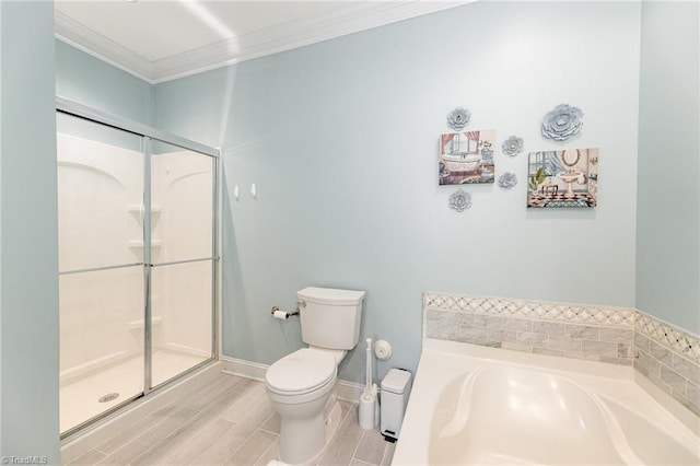 bathroom with independent shower and bath, crown molding, and toilet