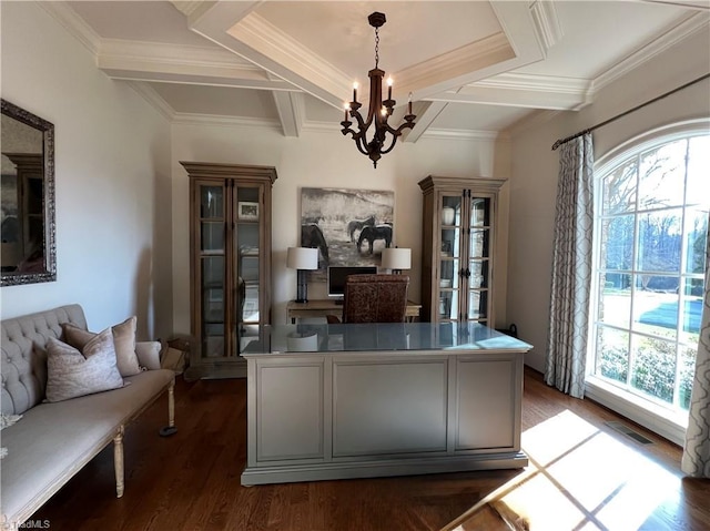 6792 Meadow View Dr, Summerfield, NC 27358 - office area with a chandelier, coffered ceiling, dark wood finished floors, beam ceiling, and ornamental molding