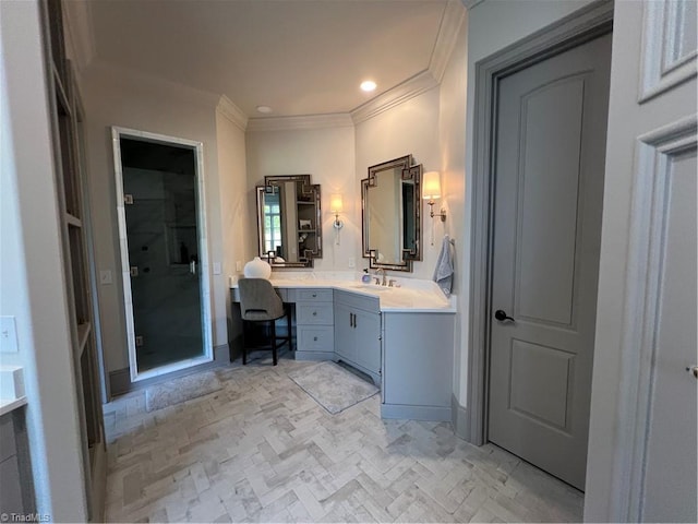 6792 Meadow View Dr, Summerfield, NC 27358 - full bath featuring vanity, ornamental molding, a stall shower, and recessed lighting
