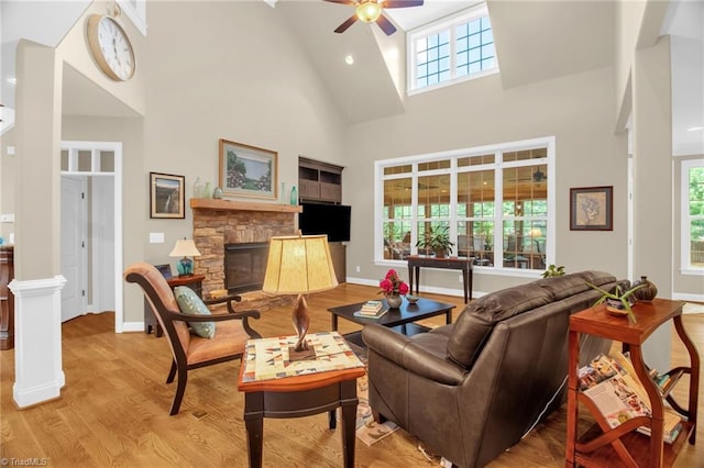 6122 Olde Fields Way, Pfafftown, NC 27040 - living area with high vaulted ceiling, ceiling fan, baseboards, light wood-style flooring, and recessed lighting