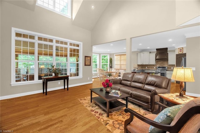 6122 Olde Fields Way, Pfafftown, NC 27040 - living area featuring light wood-type flooring, baseboards, recessed lighting, and a high ceiling