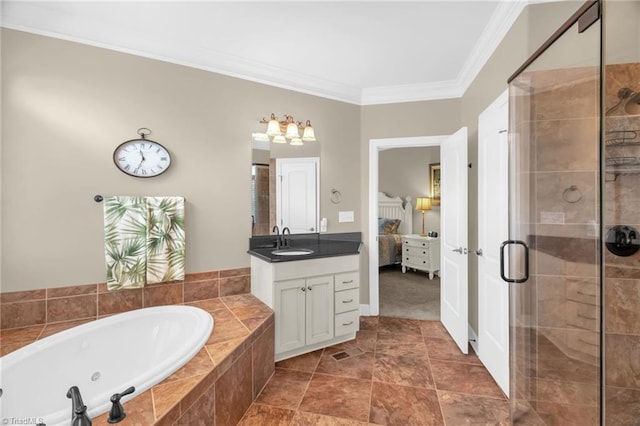 6122 Olde Fields Way, Pfafftown, NC 27040 - full bath featuring ornamental molding, a stall shower, a tub with jets, vanity, and ensuite bath