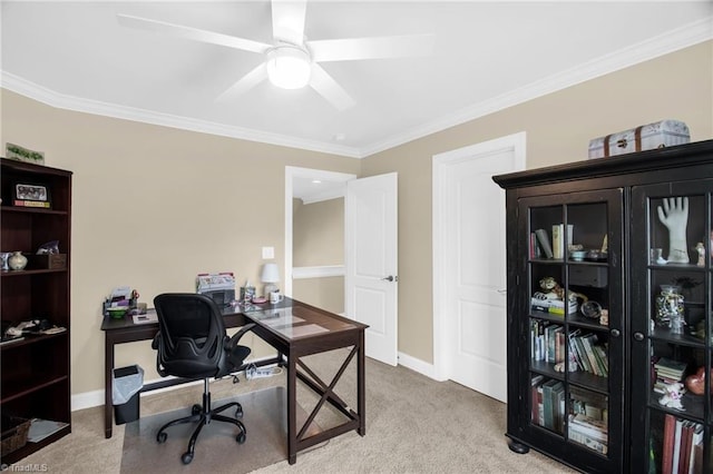 6122 Olde Fields Way, Pfafftown, NC 27040 - office area featuring carpet floors, crown molding, a ceiling fan, and baseboards