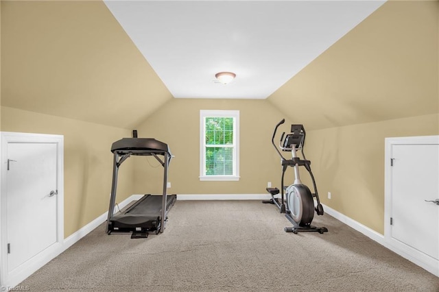 6122 Olde Fields Way, Pfafftown, NC 27040 - workout area featuring carpet floors, vaulted ceiling, and baseboards