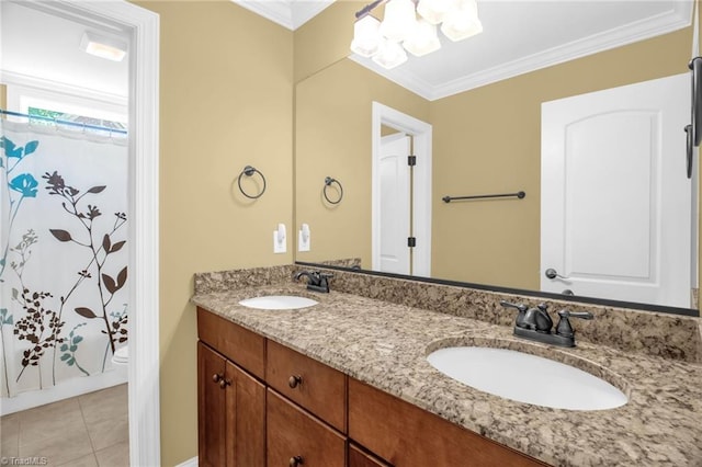 6122 Olde Fields Way, Pfafftown, NC 27040 - bathroom featuring a chandelier, double vanity, tile patterned flooring, ornamental molding, and toilet