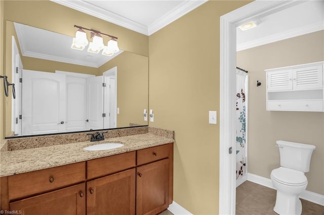 6122 Olde Fields Way, Pfafftown, NC 27040 - bathroom featuring baseboards, toilet, vanity, ornamental molding, and tile patterned flooring