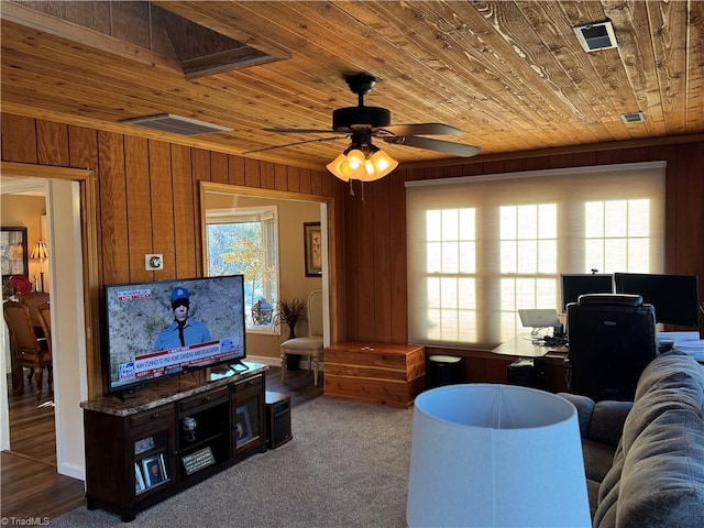 living room with ceiling fan, wood walls, and wooden ceiling