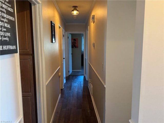 hall featuring dark hardwood / wood-style flooring and ornamental molding