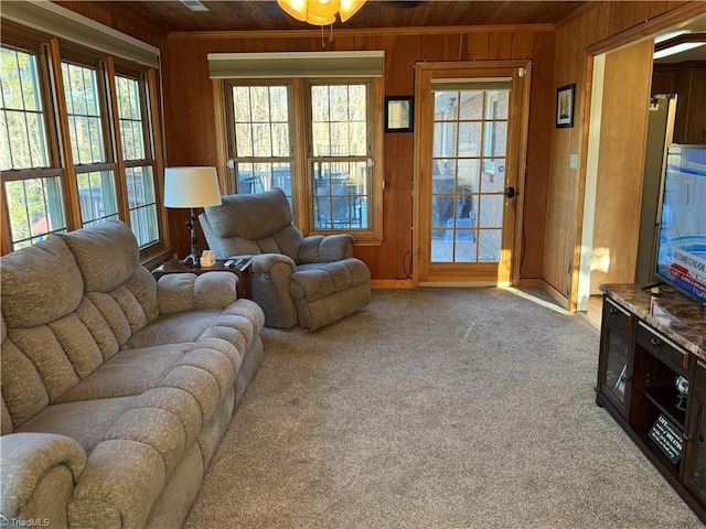 carpeted living room featuring ceiling fan, wood ceiling, and wooden walls