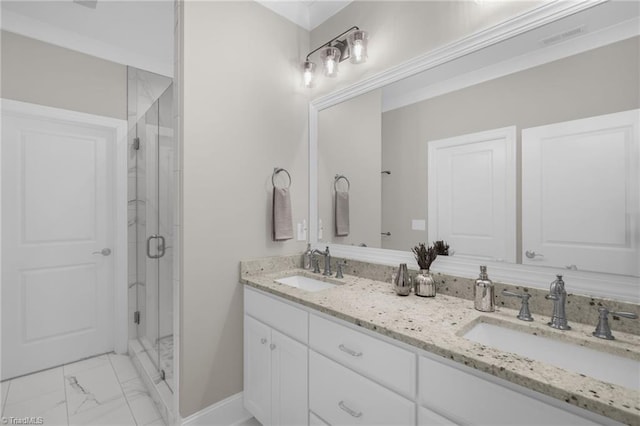 bathroom featuring an enclosed shower and vanity