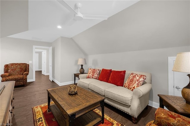 living room with ceiling fan, dark hardwood / wood-style flooring, and vaulted ceiling