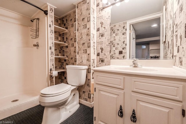 bathroom with crown molding, a shower, vanity, and toilet