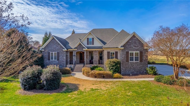 craftsman inspired home with a porch and a front yard