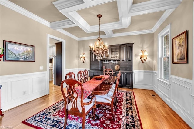 dining space with beam ceiling, coffered ceiling, a notable chandelier, ornamental molding, and light wood-type flooring