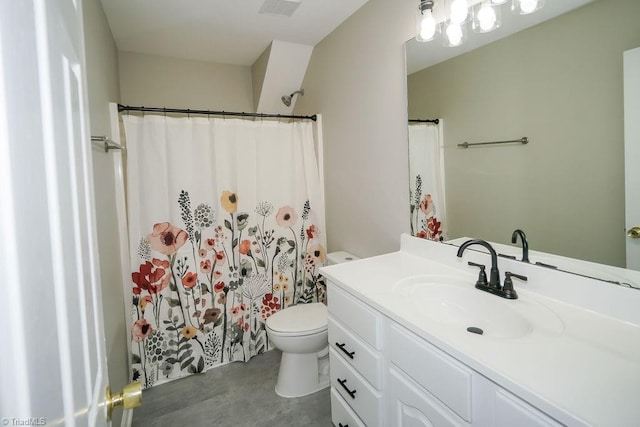 bathroom with vanity, concrete flooring, toilet, and a shower with shower curtain