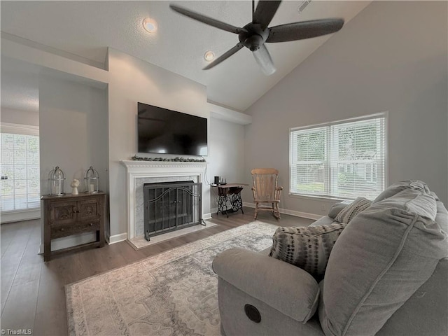 12 Cedar Knoll Ct Unit 12, Greensboro, NC 27407 - living room with a ceiling fan, wood finished floors, plenty of natural light, a premium fireplace, and vaulted ceiling