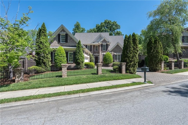 view of front of house with driveway, a fenced front yard, and a front yard