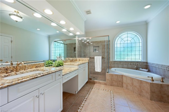 bathroom featuring vanity, recessed lighting, a bath, tile patterned floors, and a shower stall
