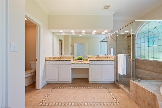 bathroom featuring tile patterned flooring, ornamental molding, a stall shower, and toilet