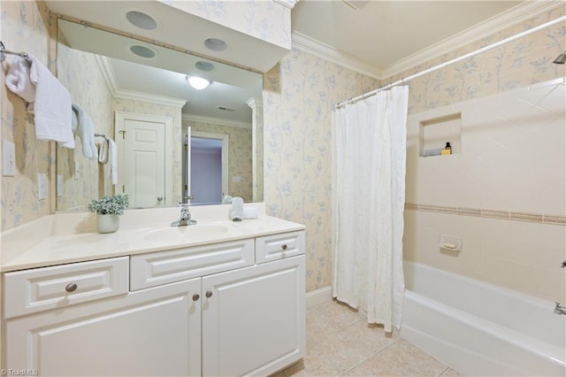 full bath with shower / bath combination with curtain, crown molding, tile patterned floors, vanity, and wallpapered walls