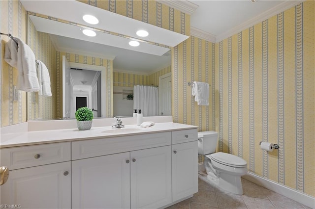 bathroom with tile patterned flooring, ornamental molding, toilet, and wallpapered walls