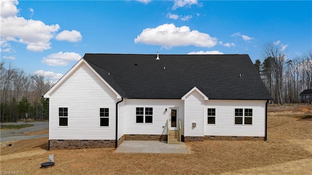 406 Wild Fern Ln, Reidsville, NC 27320 - back of house featuring roof with shingles, entry steps, a patio area, and crawl space