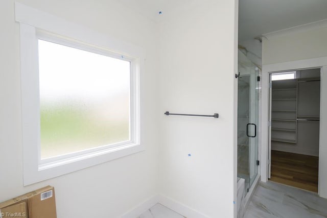 3799 Peony Way, Clemmons, NC 27012 - full bathroom featuring a shower stall, marble finish floor, and baseboards