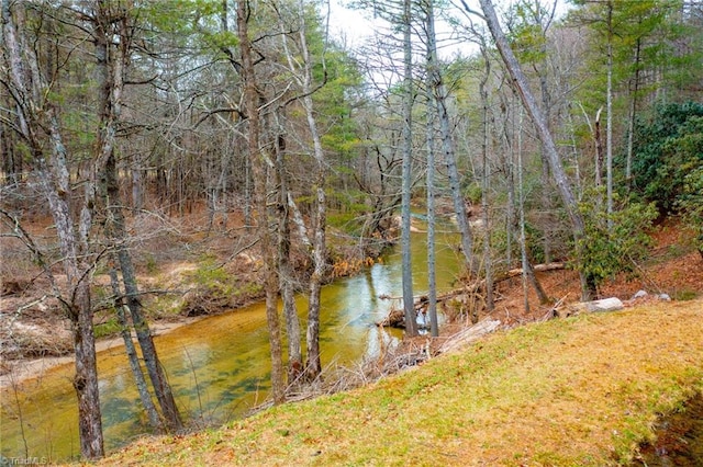 view of water feature featuring a forest view