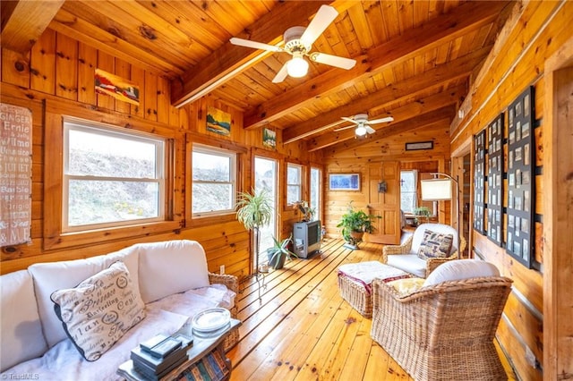 sunroom with lofted ceiling with beams, wooden ceiling, and a ceiling fan