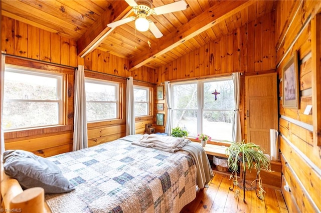 bedroom featuring lofted ceiling with beams, wood ceiling, wooden walls, and hardwood / wood-style floors