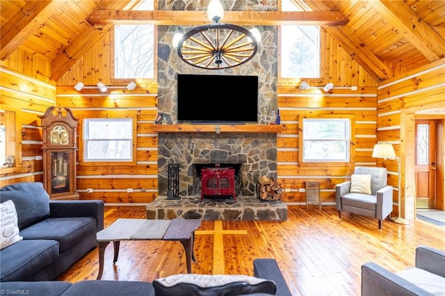 living area with a wood stove, beam ceiling, wood walls, and wood ceiling