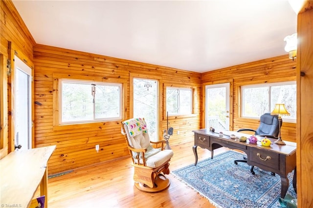 office with wooden walls and wood finished floors