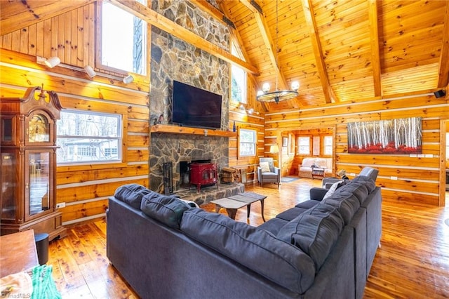 living room featuring plenty of natural light, wood ceiling, wood walls, and wood-type flooring