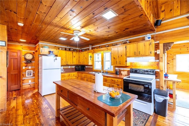 kitchen featuring range with electric stovetop, freestanding refrigerator, wood ceiling, light wood-type flooring, and under cabinet range hood