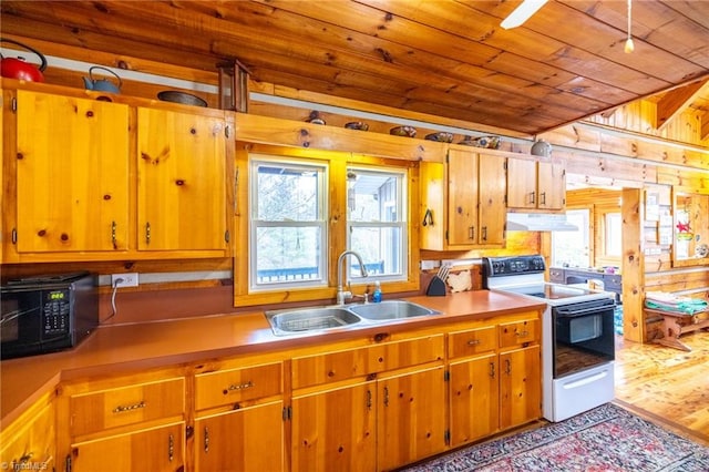 kitchen featuring wooden ceiling, under cabinet range hood, black microwave, a sink, and range with electric stovetop